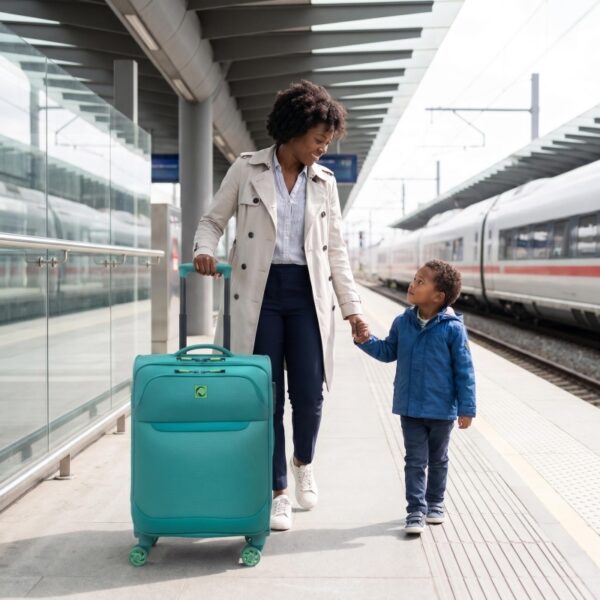07_人物场景图_家庭长途旅行_副本 NOMBERONE Lightweight Softside Luggage, Expandable Fabric Rolling Suitcase with TSA Lock, Front Pocket & Silent 360° Spinner Wheels, 20/24/28 Inch Carry On & Checked Travel Bag