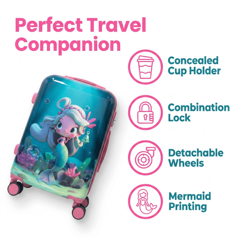 图标卖点图_核心功能速览_副本 NOMBERONE Kids Carry On Luggage Hard Shell Children Rolling Suitcase with Concealed Cup Holder & Detachable Spinner Wheels, 16/18/20/22 Inch Girls Travel