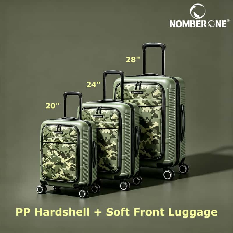 NOMBERONE Tactical Camo PP Hardside Luggage, Soft Front Pocket Rolling Suitcase with TSA Lock & Silent 360° Spinner Wheels, 20/24/28 Inch Carry On & Check-In Travel Suitcase, 5 Vibrant Camouflage Colors for Outdoor & Adventure Travel