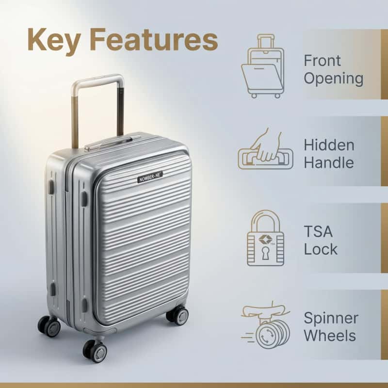 02_图标卖点图_核心优势速览_副本 NOMBERONE Front Opening PC Business Luggage, Expandable Hard Shell Rolling Suitcase with TSA Lock & Silent 360° Spinner Wheels, 20/25/29 Inch Carry On Checked Travel Luggage
