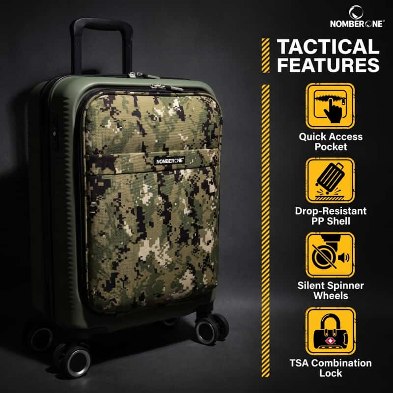 NOMBERONE Tactical Camo PP Hardside Luggage, Soft Front Pocket Rolling Suitcase with TSA Lock & Silent 360° Spinner Wheels, 20/24/28 Inch Carry On & Check-In Travel Suitcase, 5 Vibrant Camouflage Colors for Outdoor & Adventure Travel