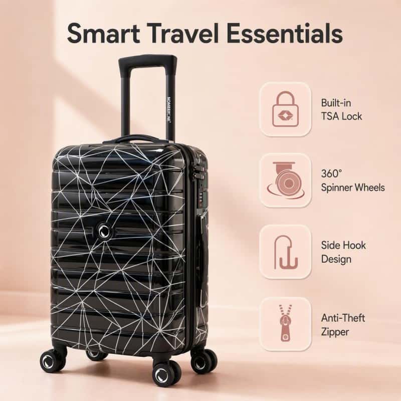 NOMBERONE Geometric Printed ABS+PC Hard Shell Luggage, 3 Sizes 20/24/28 Inch, TSA Lock Silent Spinner Wheels Travel Suitcase with Side Hook