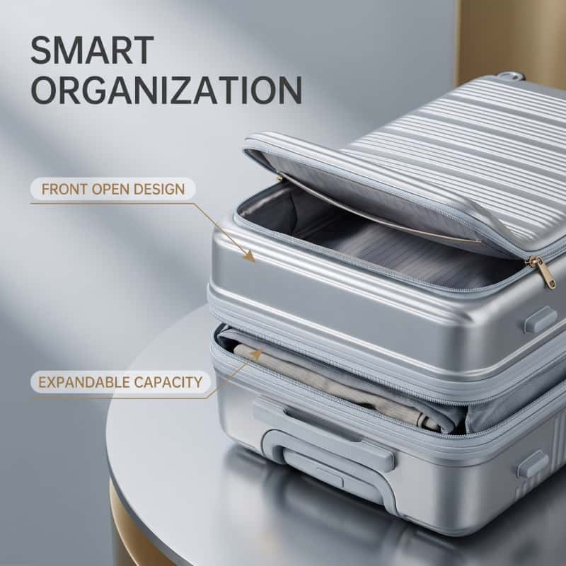 03_细节图_前开盖与扩展_副本 NOMBERONE Front Opening PC Business Luggage, Expandable Hard Shell Rolling Suitcase with TSA Lock & Silent 360° Spinner Wheels, 20/25/29 Inch Carry On Checked Travel Luggage