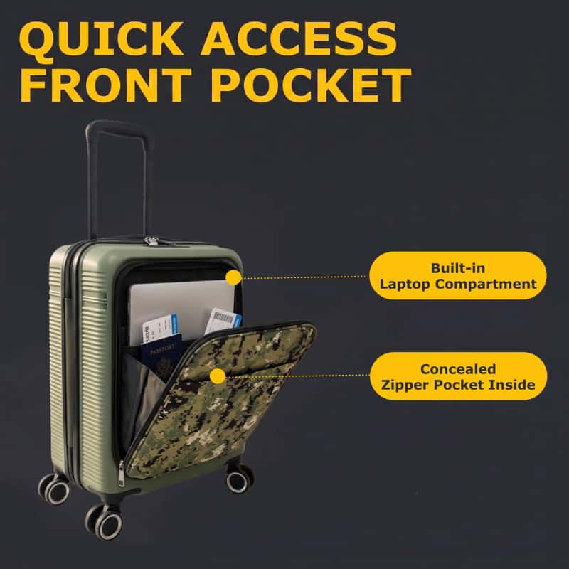 NOMBERONE Tactical Camo PP Hardside Luggage, Soft Front Pocket Rolling Suitcase with TSA Lock & Silent 360° Spinner Wheels, 20/24/28 Inch Carry On & Check-In Travel Suitcase, 5 Vibrant Camouflage Colors for Outdoor & Adventure Travel