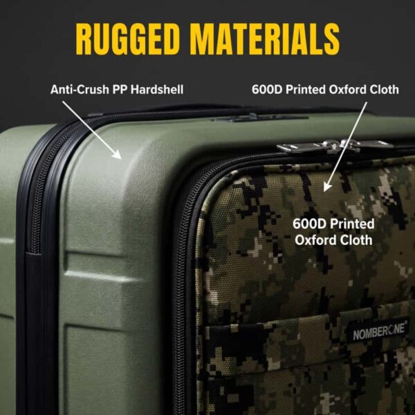 NOMBERONE Tactical Camo PP Hardside Luggage, Soft Front Pocket Rolling Suitcase with TSA Lock & Silent 360° Spinner Wheels, 20/24/28 Inch Carry On & Check-In Travel Suitcase, 5 Vibrant Camouflage Colors for Outdoor & Adventure Travel