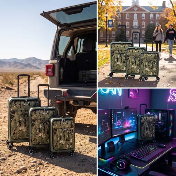 NOMBERONE Tactical Camo PP Hardside Luggage, Soft Front Pocket Rolling Suitcase with TSA Lock & Silent 360° Spinner Wheels, 20/24/28 Inch Carry On & Check-In Travel Suitcase, 5 Vibrant Camouflage Colors for Outdoor & Adventure Travel