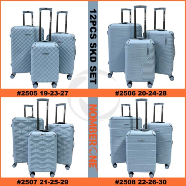 01.ABS12件套全尺寸主图_副本 NOMBERONE 12‑Piece SKD Unassembled Luggage Set, 4 Distinct Textured Shell Designs, ABS Hard‑Shell Suitcase, 360° Spinner Wheels, Wholesale Travel Luggage Semi-finished