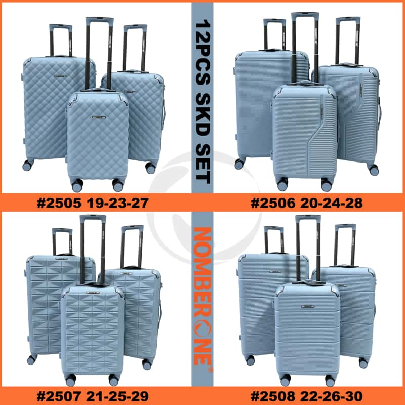 01.ABS12件套全尺寸主图_副本 NOMBERONE 12‑Piece SKD Unassembled Luggage Set, 4 Distinct Textured Shell Designs, ABS Hard‑Shell Suitcase, 360° Spinner Wheels, Wholesale Travel Luggage Semi-finished