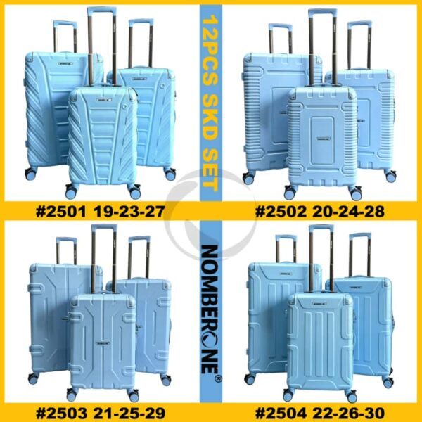 01_2501-2504主图_全系款式展示 NOMBERONE 12‑Piece SKD Hard Shell Luggage Set, 4 Models,Durable ABS Suitcase with Brake Wheels, Protective Corner Guards, Built‑in Combination Lock, Easy‑to‑Assemble for Wholesale