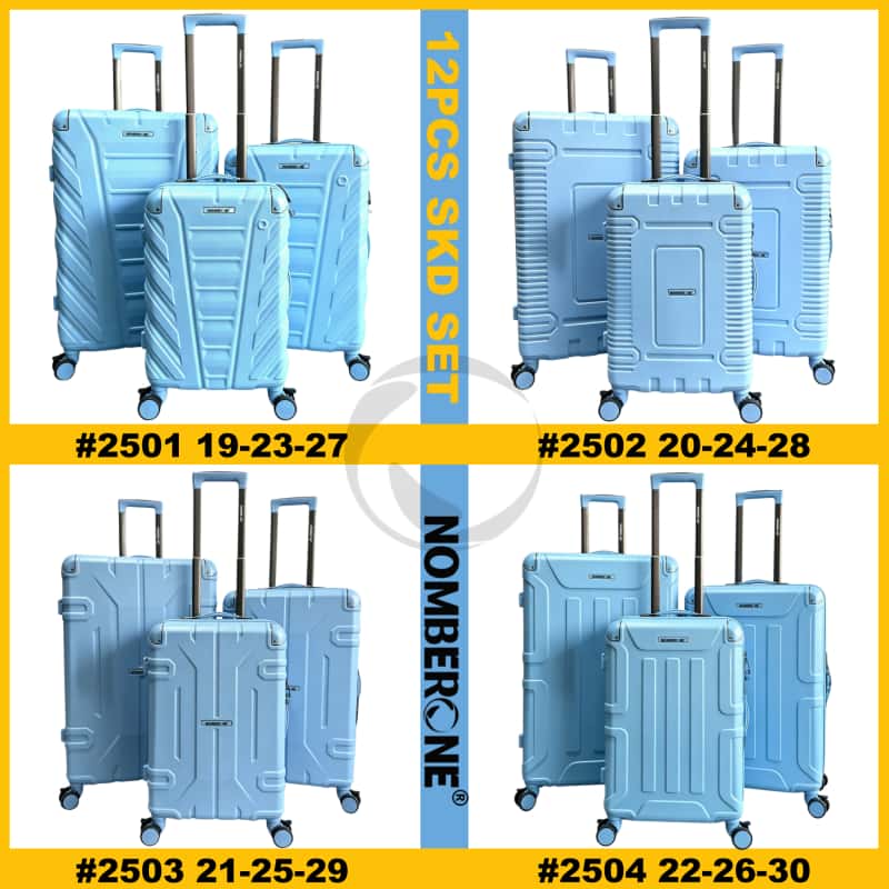 01_2501-2504主图_全系款式展示 NOMBERONE 12‑Piece SKD Hard Shell Luggage Set, 4 Models,Durable ABS Suitcase with Brake Wheels, Protective Corner Guards, Built‑in Combination Lock, Easy‑to‑Assemble for Wholesale