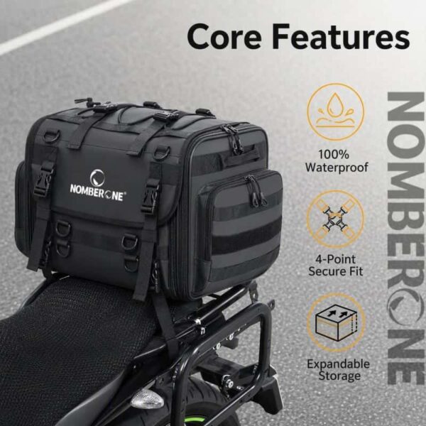 NOMBERONE Expandable Motorcycle Tail Bag 40‑60L Capacity Waterproof PVC Rear Seat Bag with Rain Cover, Reflective Design for Motorcycling Travel