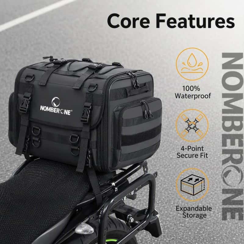 NOMBERONE Expandable Motorcycle Tail Bag 40‑60L Capacity Waterproof PVC Rear Seat Bag with Rain Cover, Reflective Design for Motorcycling Travel