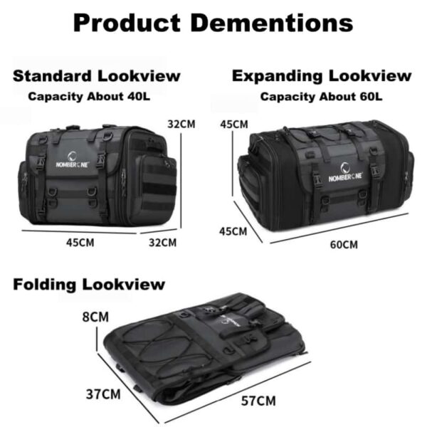 NOMBERONE Expandable Motorcycle Tail Bag 40‑60L Capacity Waterproof PVC Rear Seat Bag with Rain Cover, Reflective Design for Motorcycling Travel
