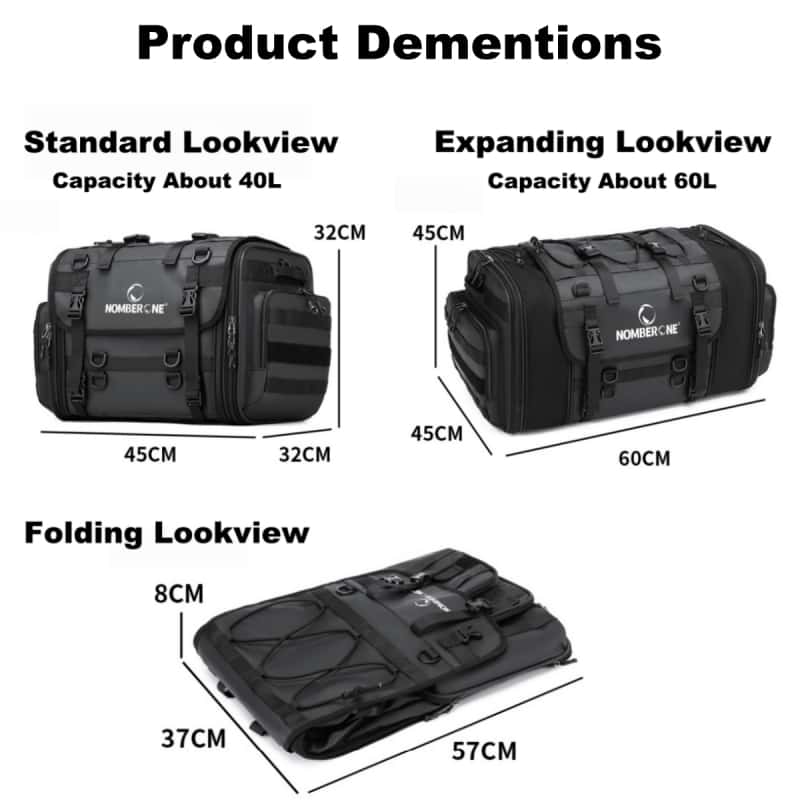 NOMBERONE Expandable Motorcycle Tail Bag 40‑60L Capacity Waterproof PVC Rear Seat Bag with Rain Cover, Reflective Design for Motorcycling Travel