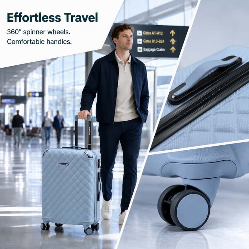 04_场景卖点图_顺滑推行_副本 NOMBERONE 12‑Piece SKD Unassembled Luggage Set, 4 Distinct Textured Shell Designs, ABS Hard‑Shell Suitcase, 360° Spinner Wheels, Wholesale Travel Luggage Semi-finished