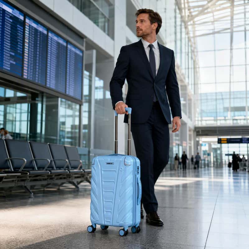 07_场景图_商务出行代入_副本 NOMBERONE 12‑Piece SKD Hard Shell Luggage Set, 4 Models,Durable ABS Suitcase with Brake Wheels, Protective Corner Guards, Built‑in Combination Lock, Easy‑to‑Assemble for Wholesale