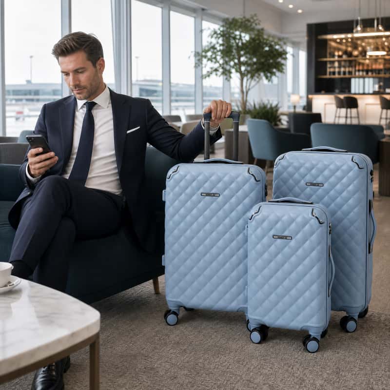 07_生活场景图_商务出行_副本 NOMBERONE 12‑Piece SKD Unassembled Luggage Set, 4 Distinct Textured Shell Designs, ABS Hard‑Shell Suitcase, 360° Spinner Wheels, Wholesale Travel Luggage Semi-finished