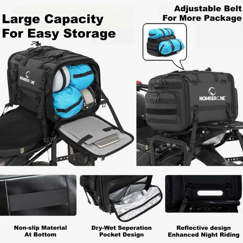 NOMBERONE Expandable Motorcycle Tail Bag 40‑60L Capacity Waterproof PVC Rear Seat Bag with Rain Cover, Reflective Design for Motorcycling Travel