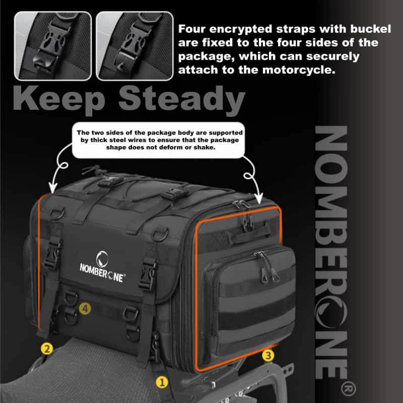 NOMBERONE Expandable Motorcycle Tail Bag 40‑60L Capacity Waterproof PVC Rear Seat Bag with Rain Cover, Reflective Design for Motorcycling Travel
