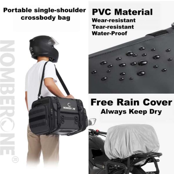 NOMBERONE Expandable Motorcycle Tail Bag 40‑60L Capacity Waterproof PVC Rear Seat Bag with Rain Cover, Reflective Design for Motorcycling Travel