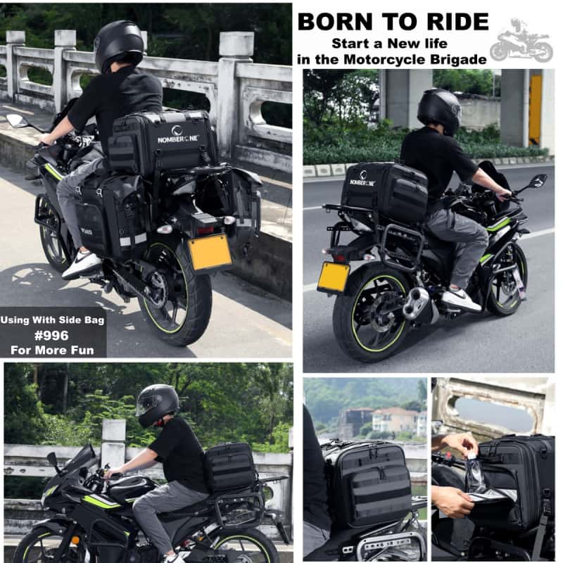 NOMBERONE Expandable Motorcycle Tail Bag 40‑60L Capacity Waterproof PVC Rear Seat Bag with Rain Cover, Reflective Design for Motorcycling Travel